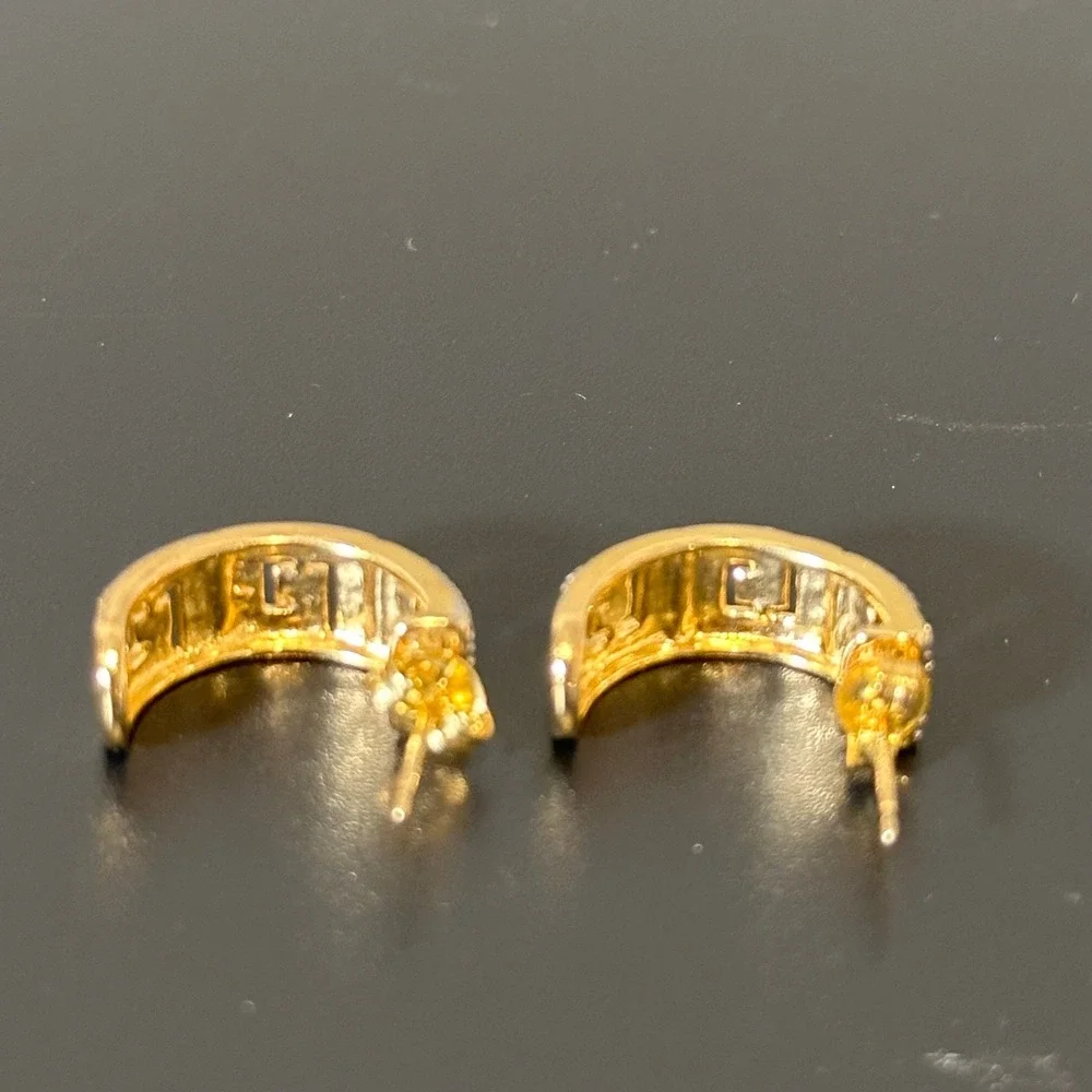 925 Gold Tone Greek Key Pavé Crystal J-Hoop Earrings Geometric Meander Half Hoop